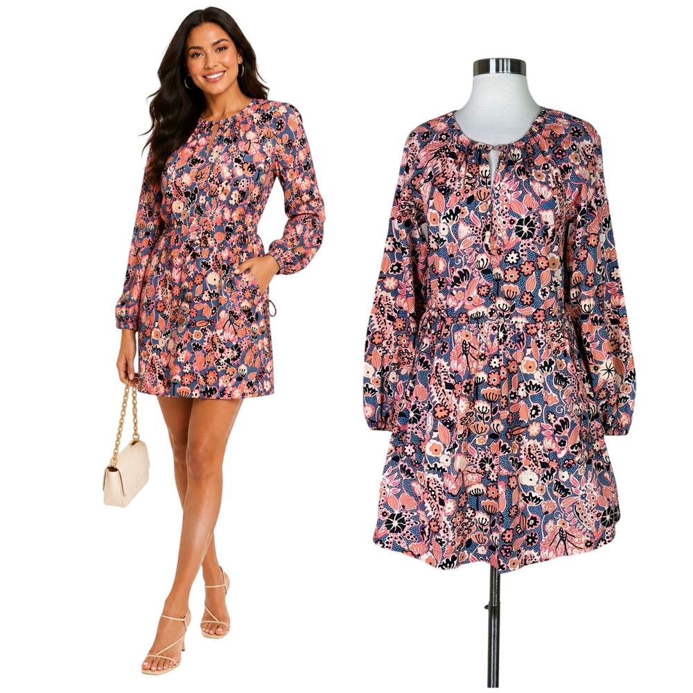 A.L.C. | Myra Floral Pink Blue Long Sleeve Drawstring Waist Cotton Mini Dress 2